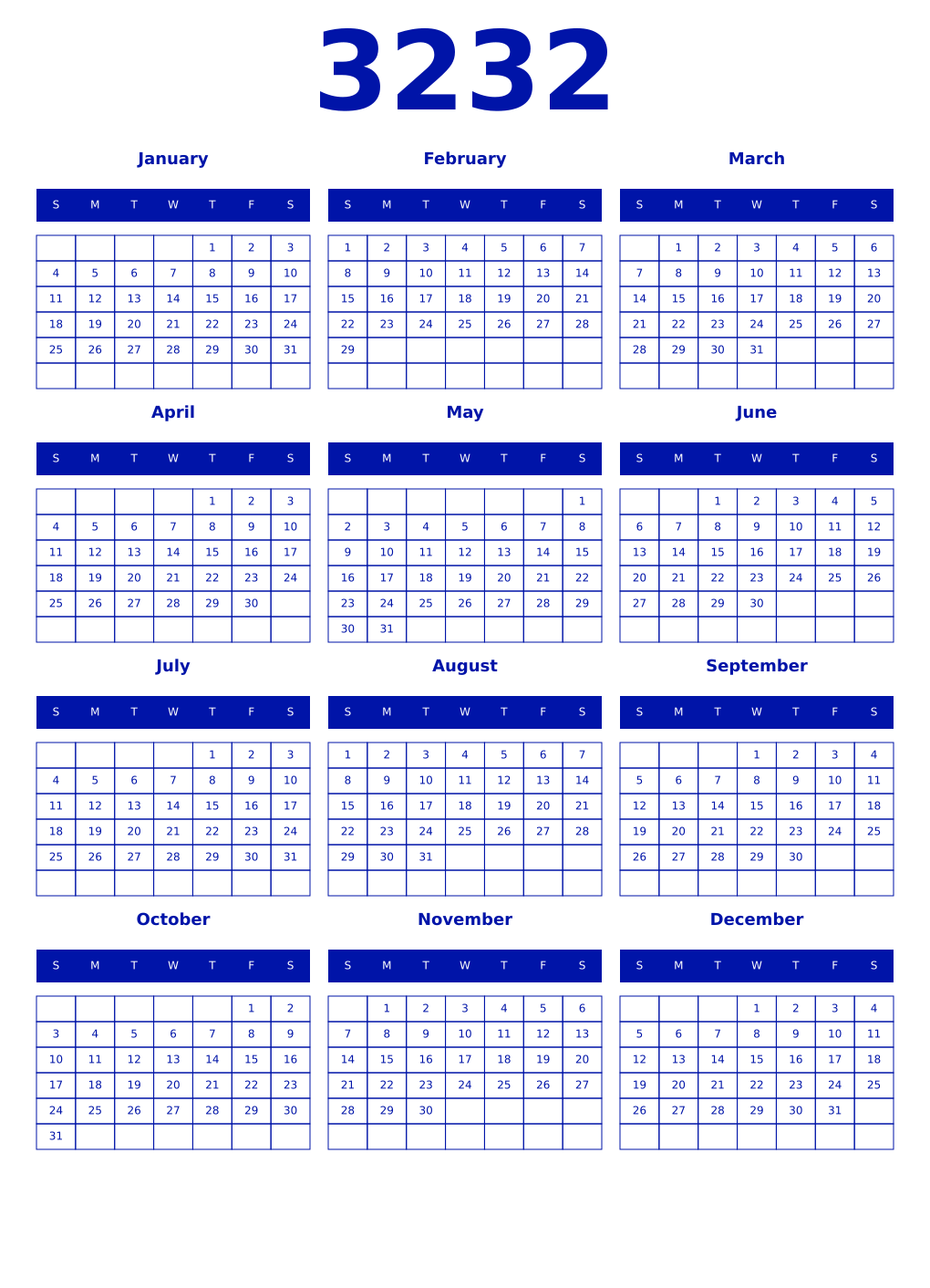 Printable 3232 Year Calendars zaffre