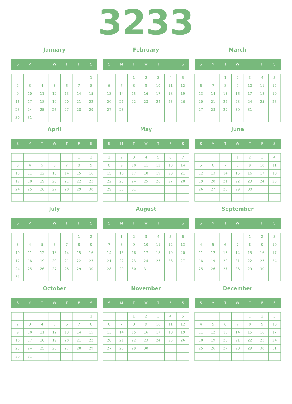Printable 3233 Year Calendars celadon