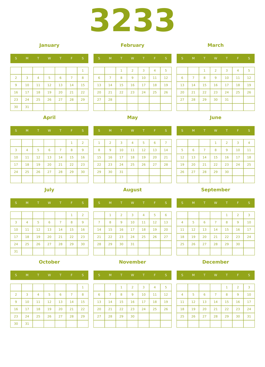 Printable 3233 Year Calendars chartreuse