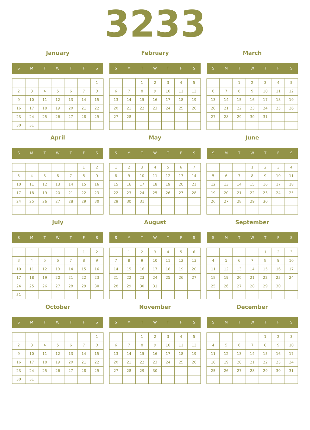 Printable 3233 Year Calendars eburnean