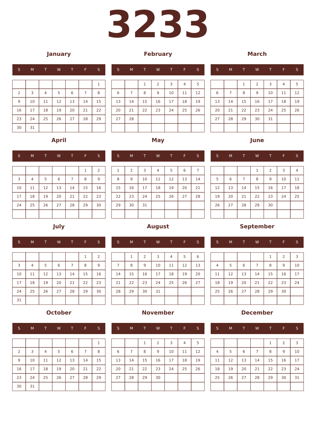 Printable 3233 Year Calendars mortuum