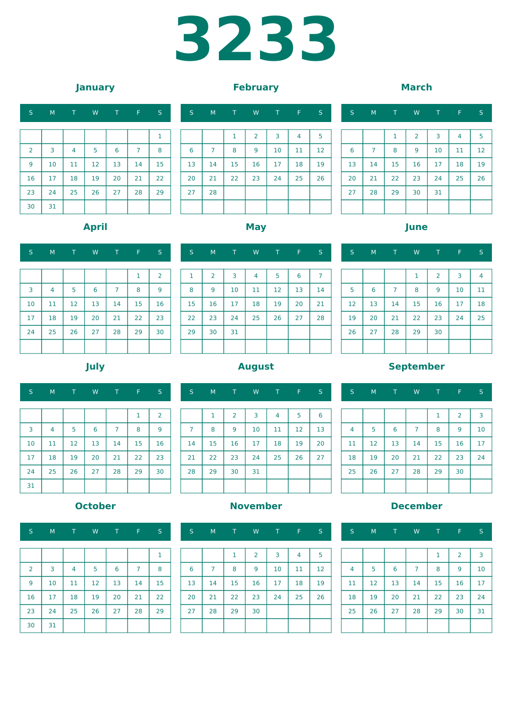 Printable 3233 Year Calendars pastel