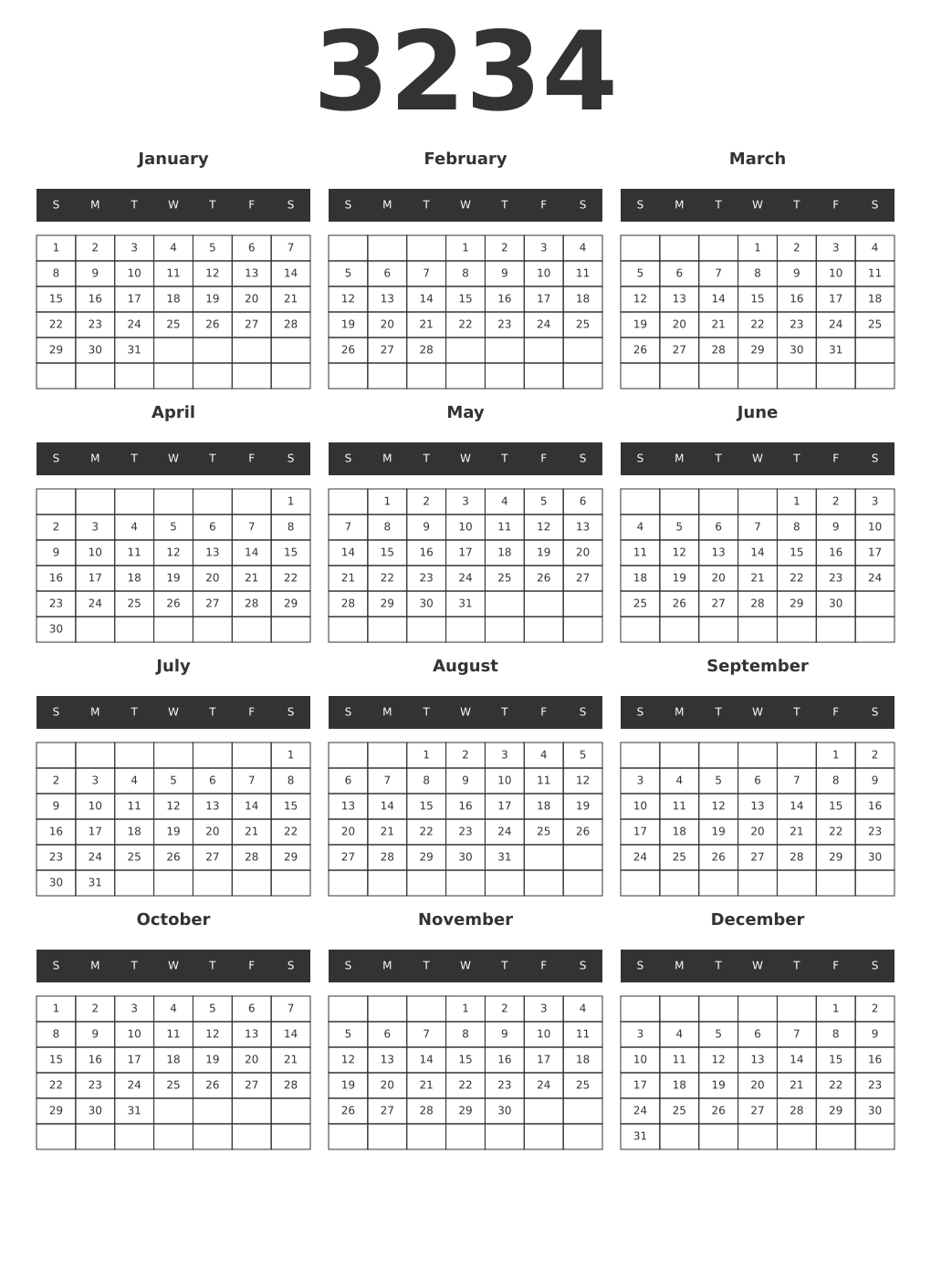 Printable 3234 Year Calendars dark