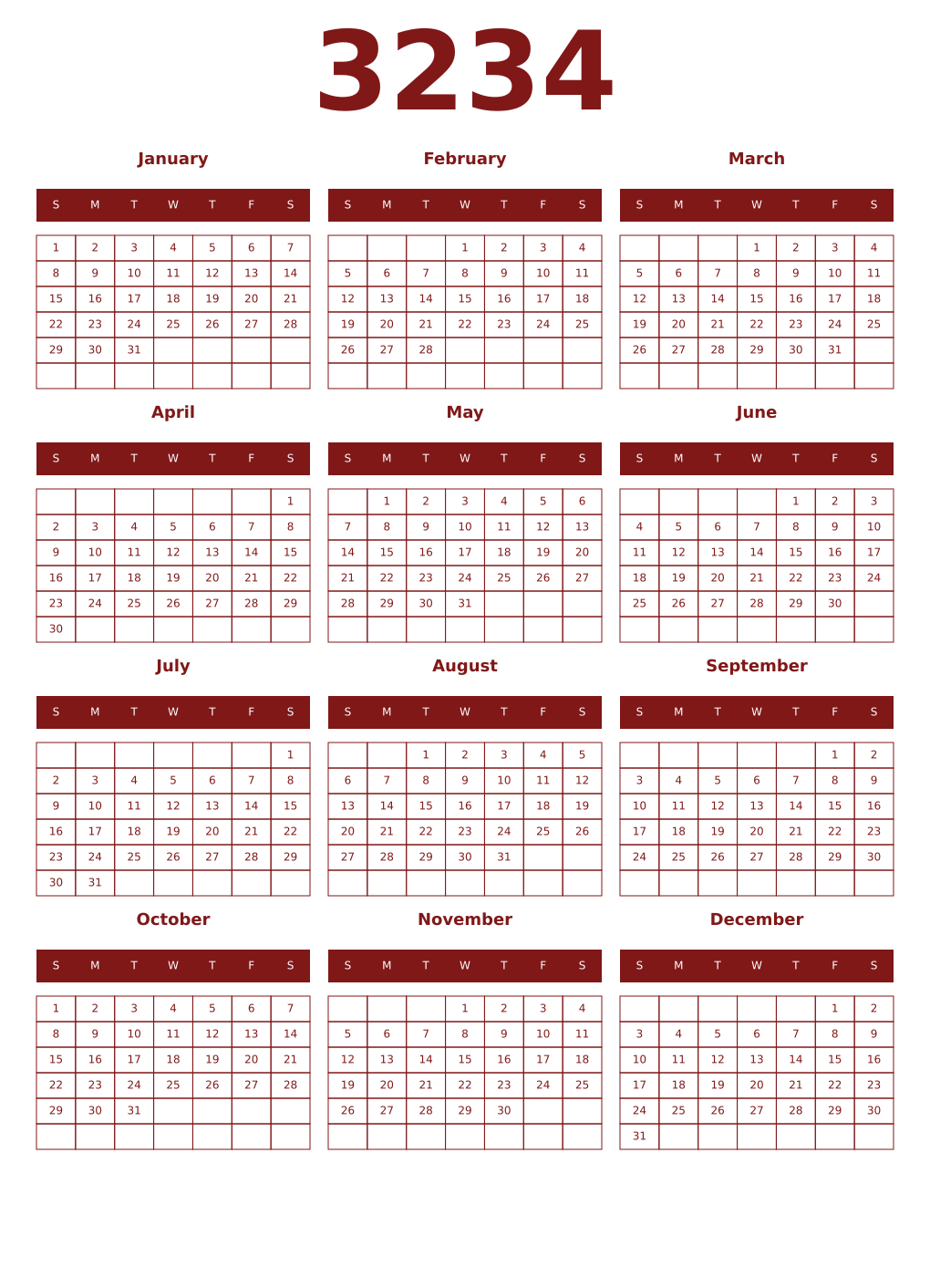 Printable 3234 Year Calendars falu