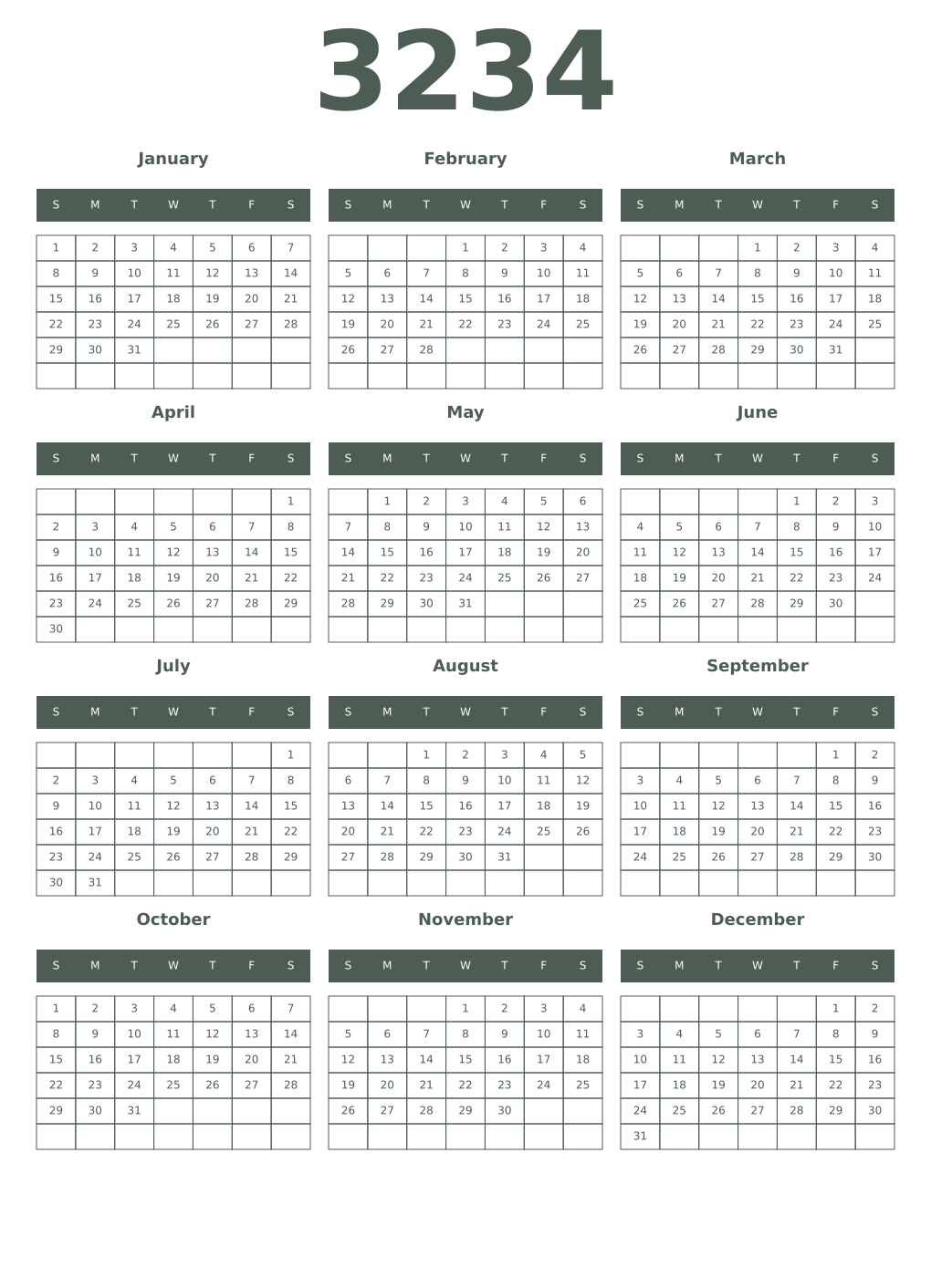 Printable 3234 Year Calendars feldgrau
