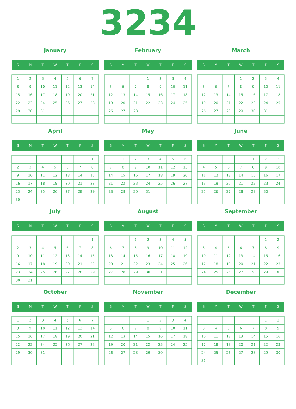 Printable 3234 Year Calendars green