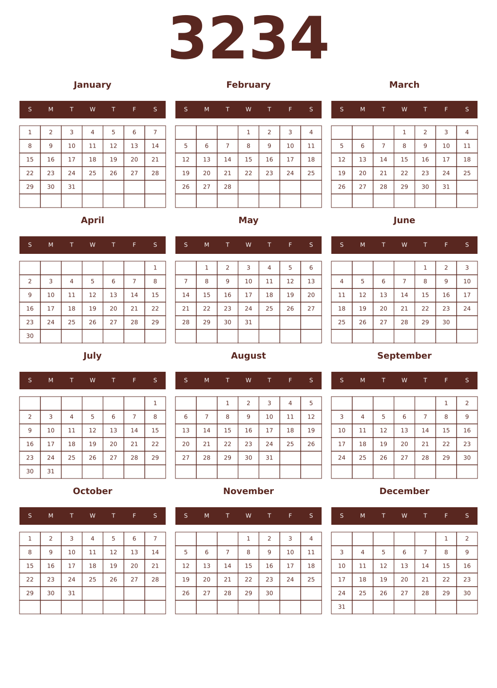 Printable 3234 Year Calendars mortuum