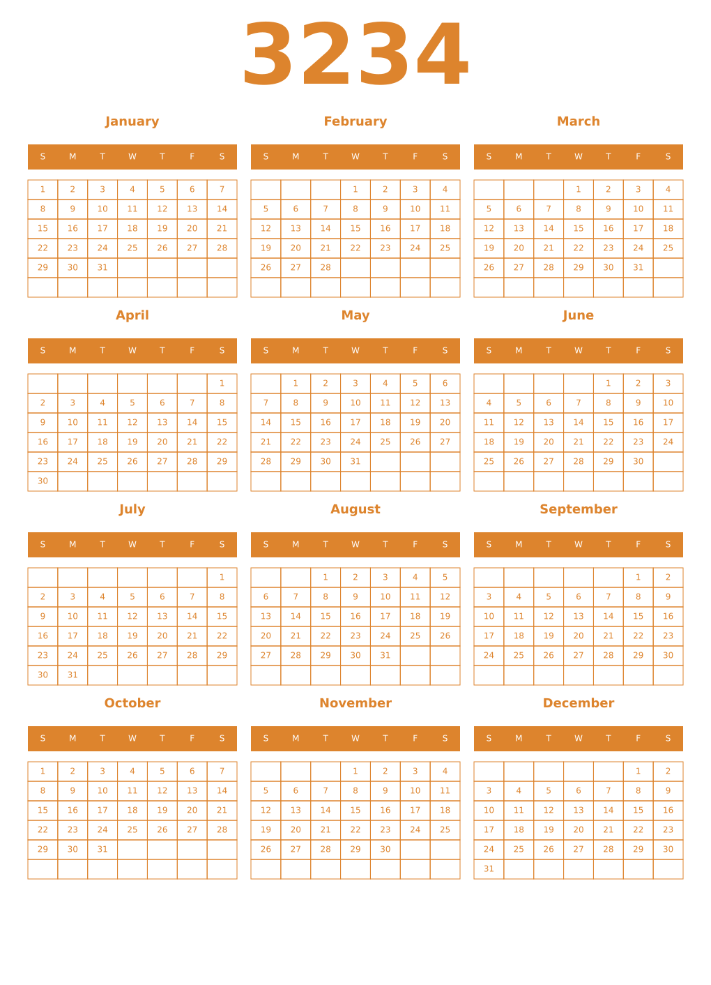 Printable 3234 Year Calendars orange