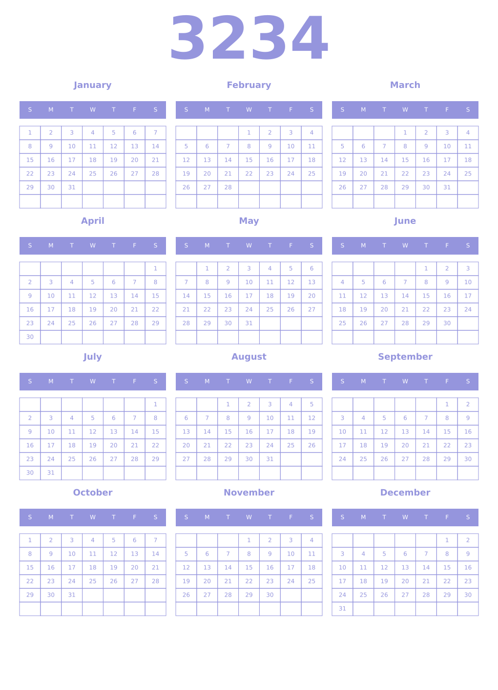 Printable 3234 Year Calendars periwinkle