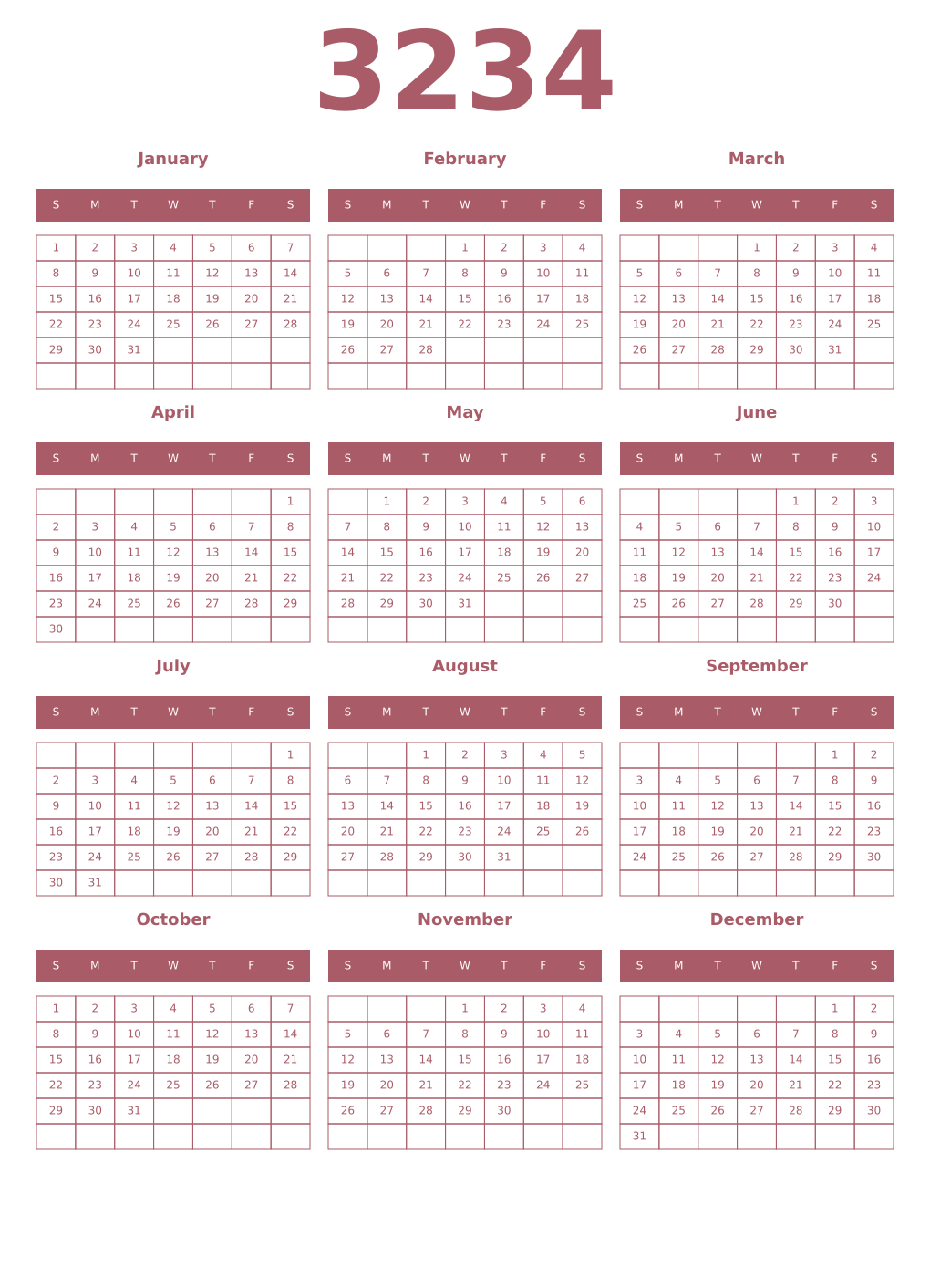 Printable 3234 Year Calendars puce