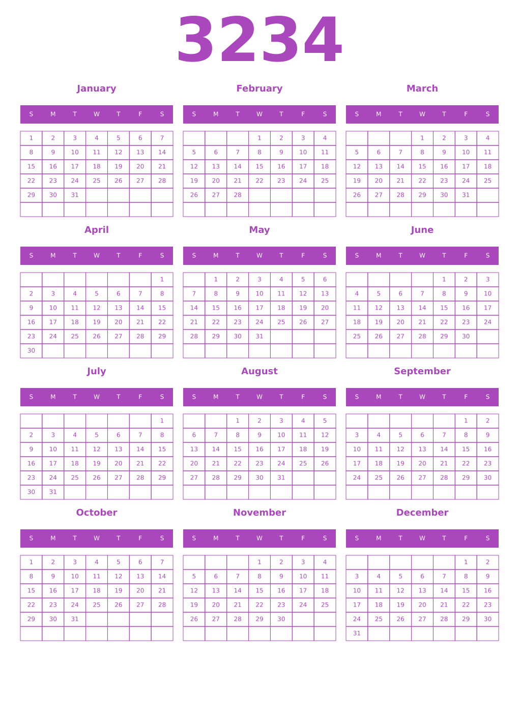 Printable 3234 Year Calendars purple