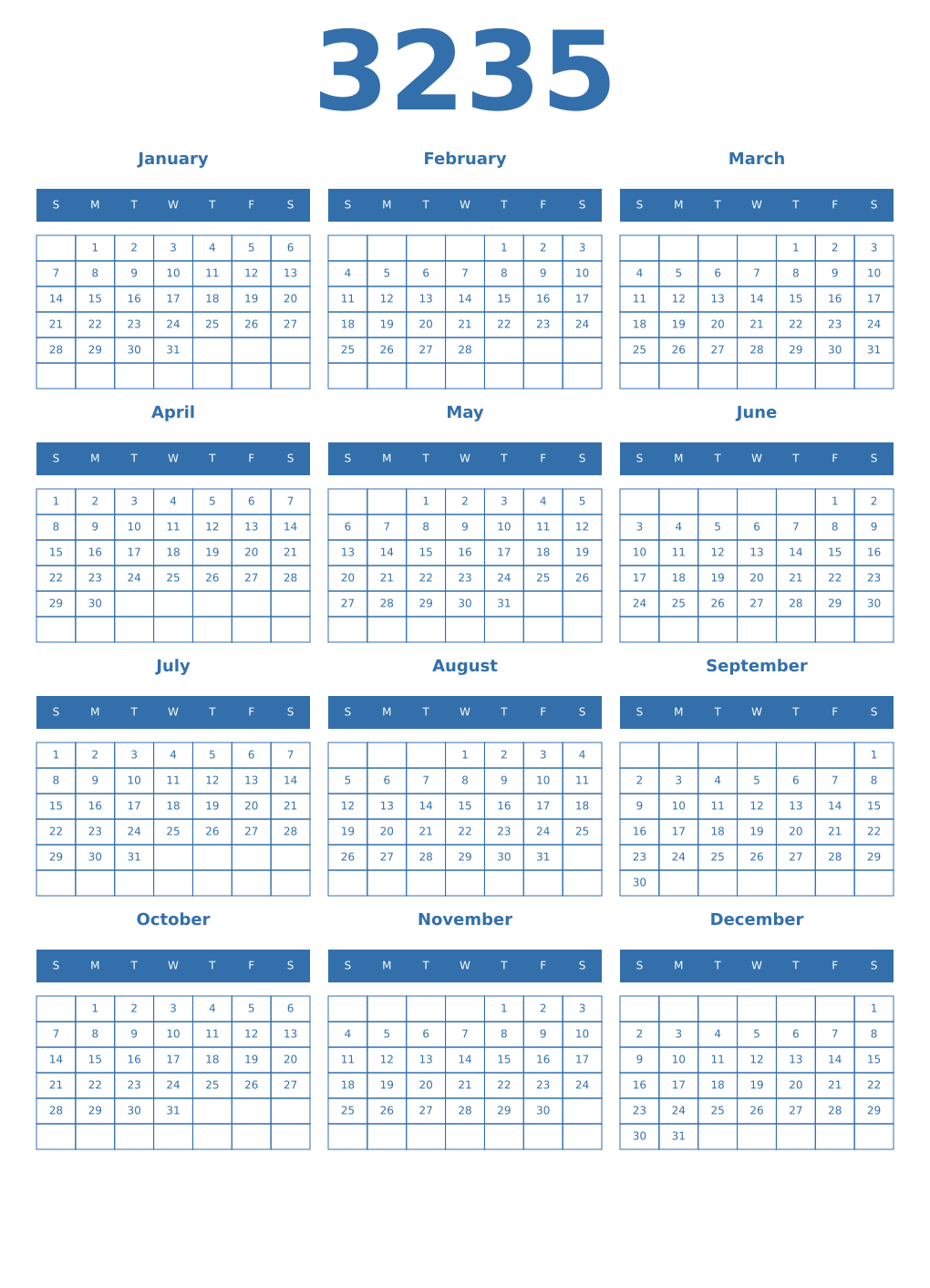 Printable 3235 Year Calendars blue