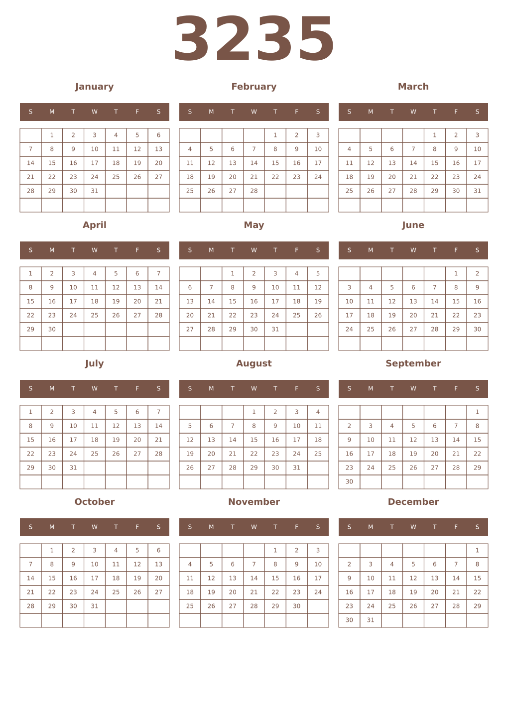Printable 3235 Year Calendars coffe