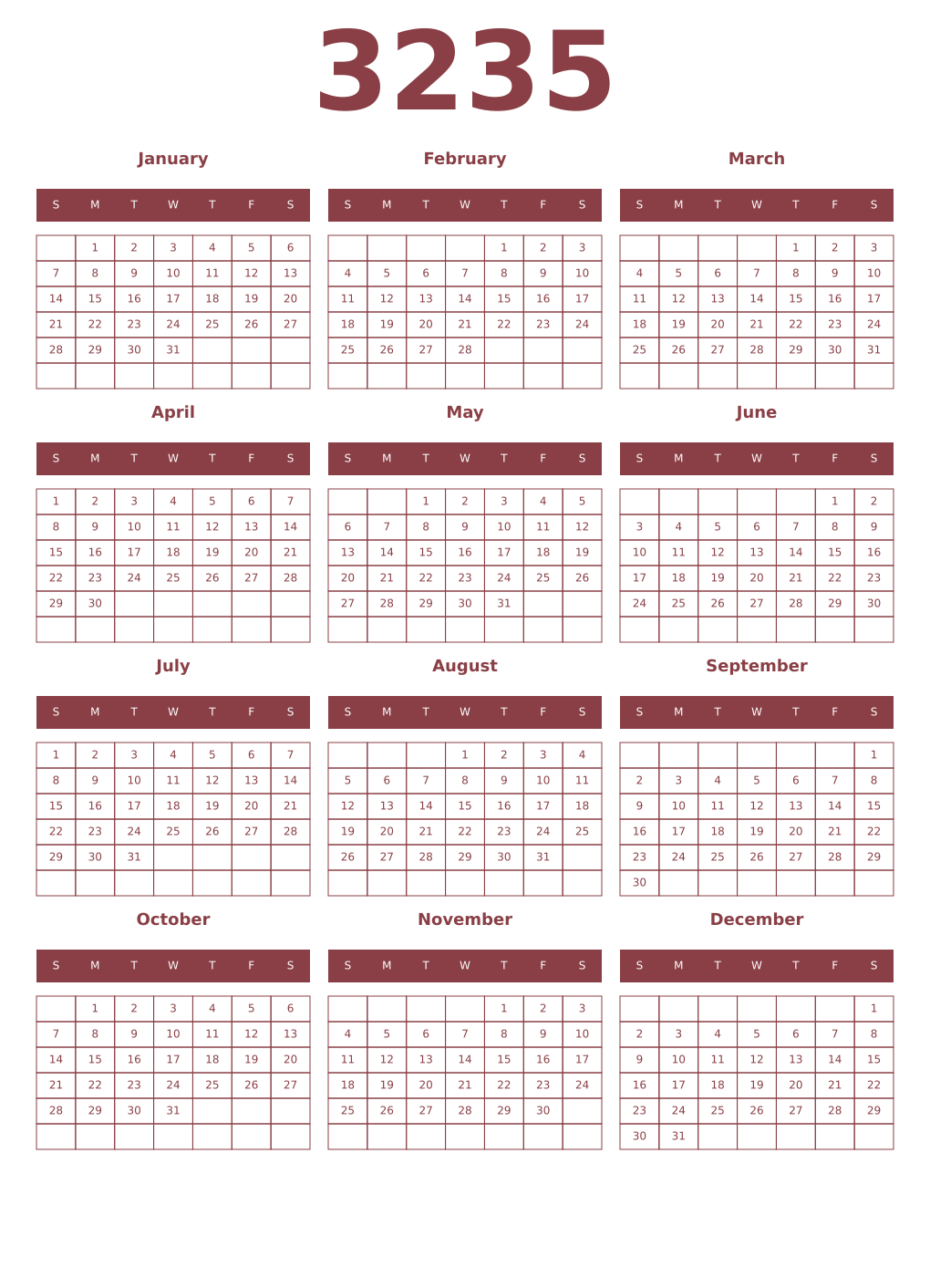 Printable 3235 Year Calendars cordovan