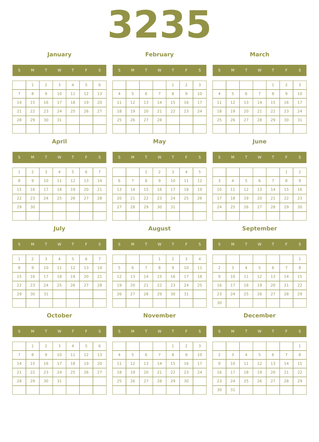 Printable 3235 Year Calendars eburnean