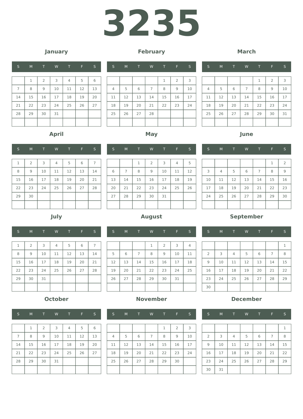 Printable 3235 Year Calendars feldgrau