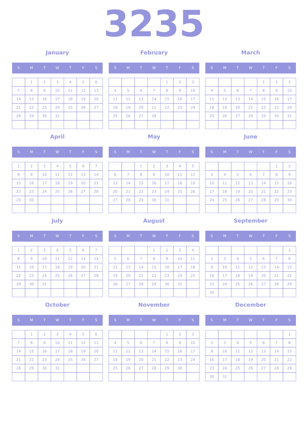 Printable 3235 Year Calendars periwinkle