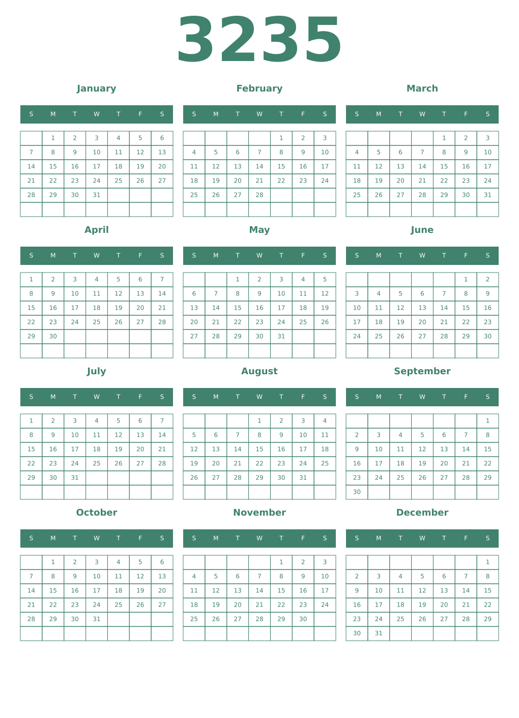 Printable 3235 Year Calendars viridian
