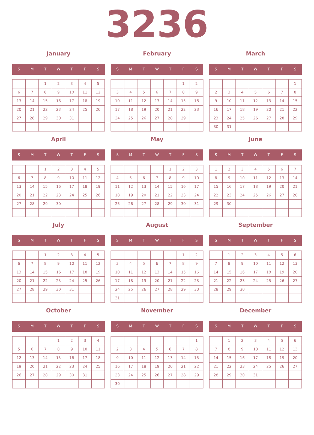 Printable 3236 Year Calendars puce