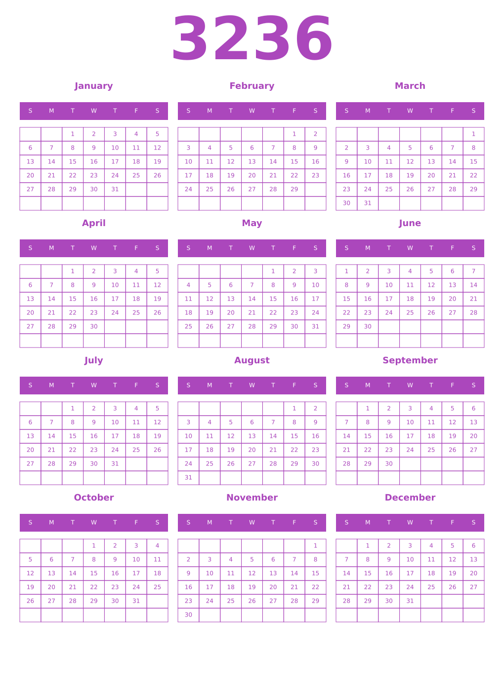 Printable 3236 Year Calendars purple