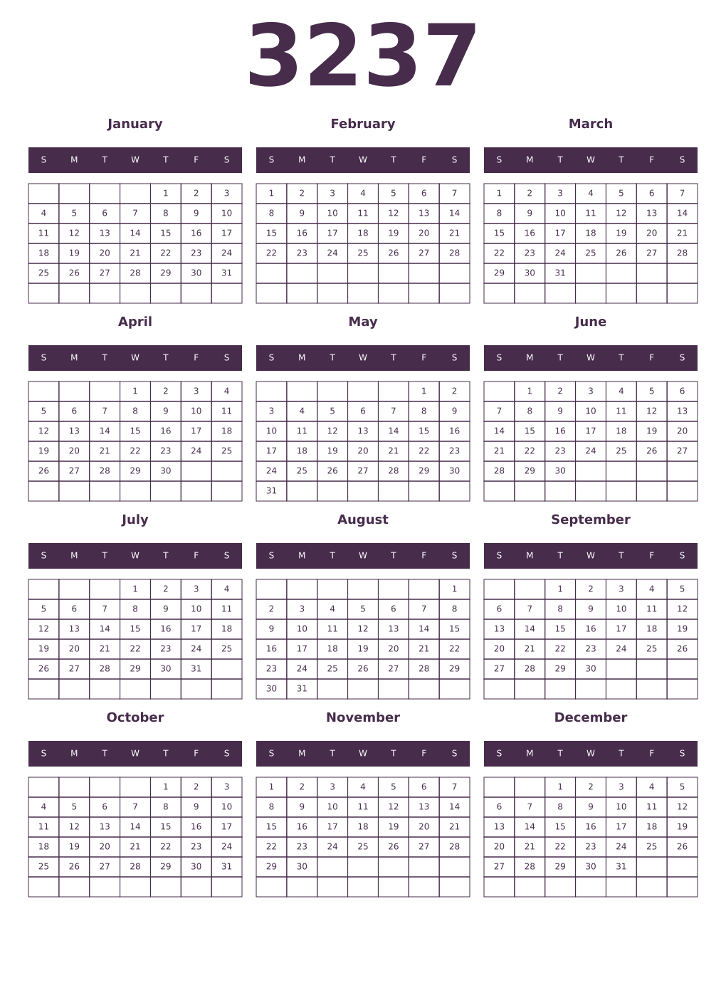Printable 3237 Year Calendars aubergine