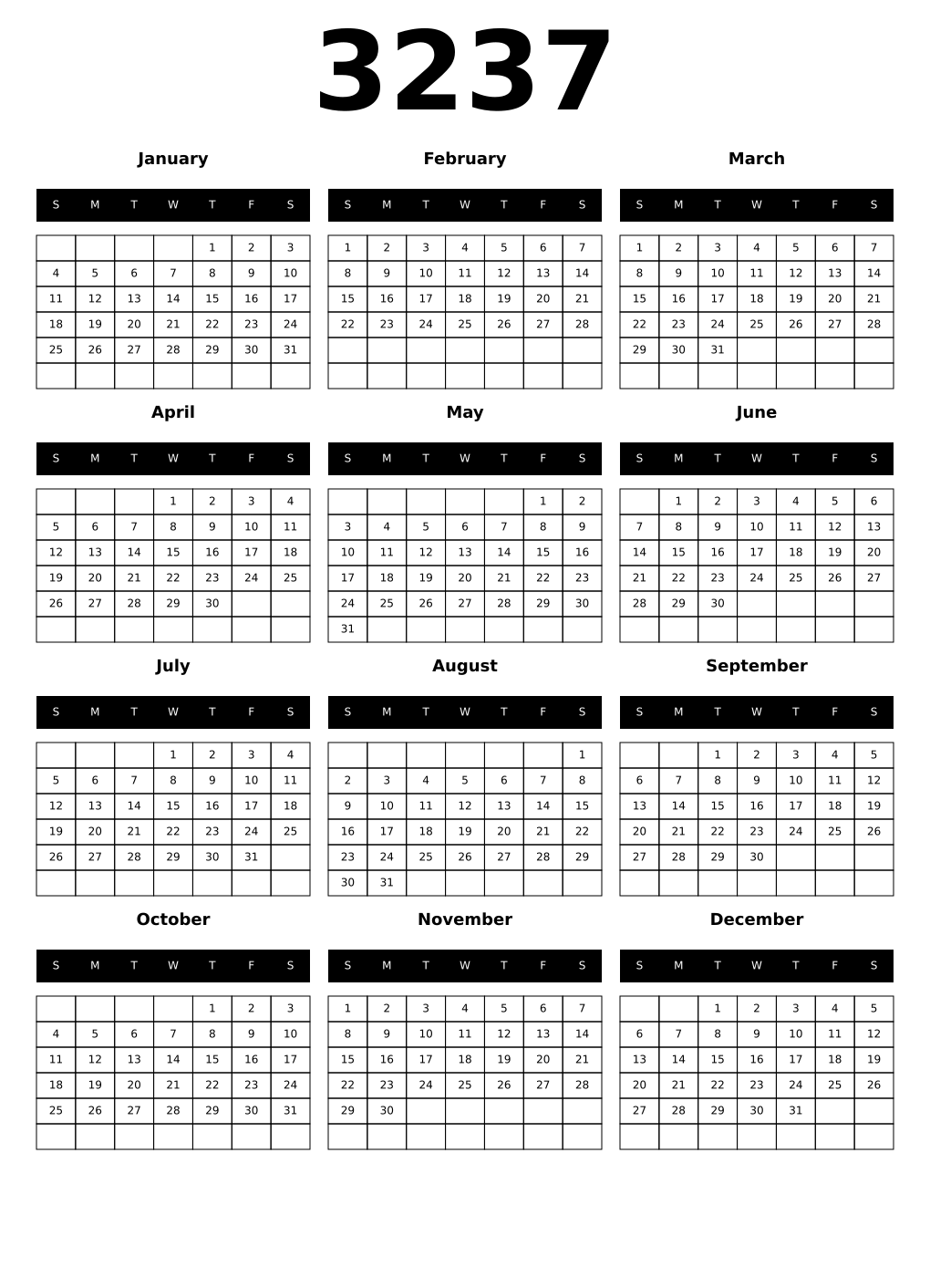 Printable 3237 Year Calendars black