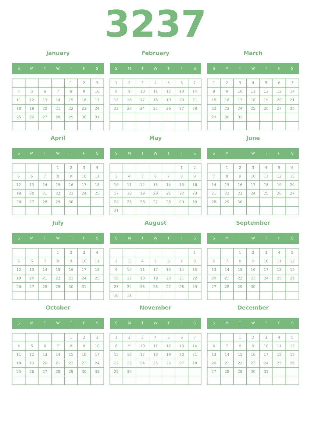 Printable 3237 Year Calendars celadon