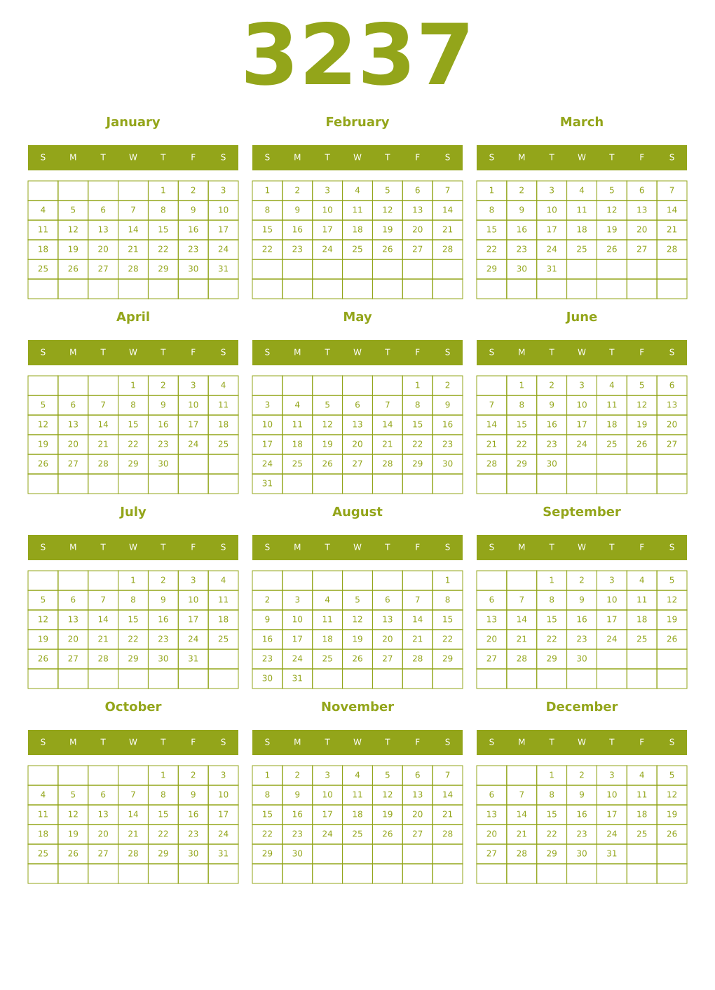 Printable 3237 Year Calendars chartreuse
