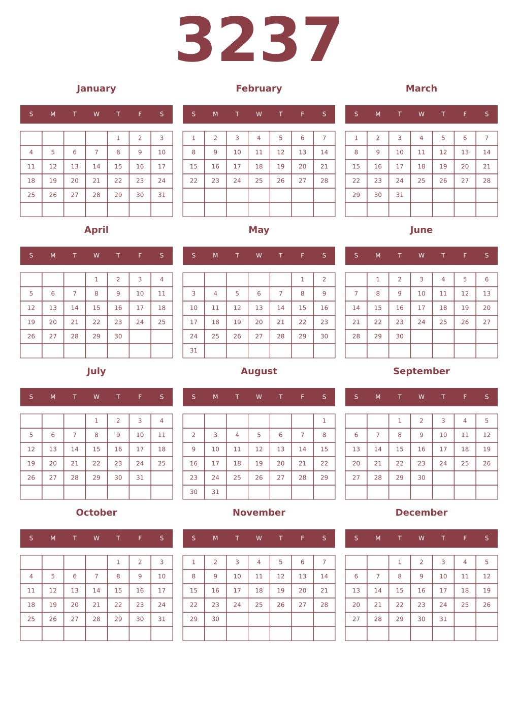 Printable 3237 Year Calendars cordovan