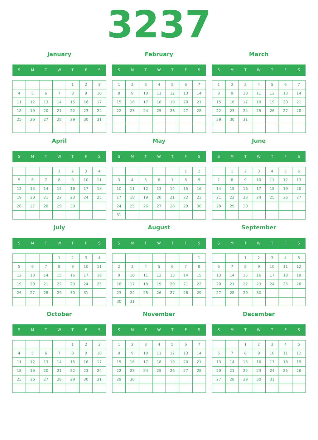 Printable 3237 Year Calendars green