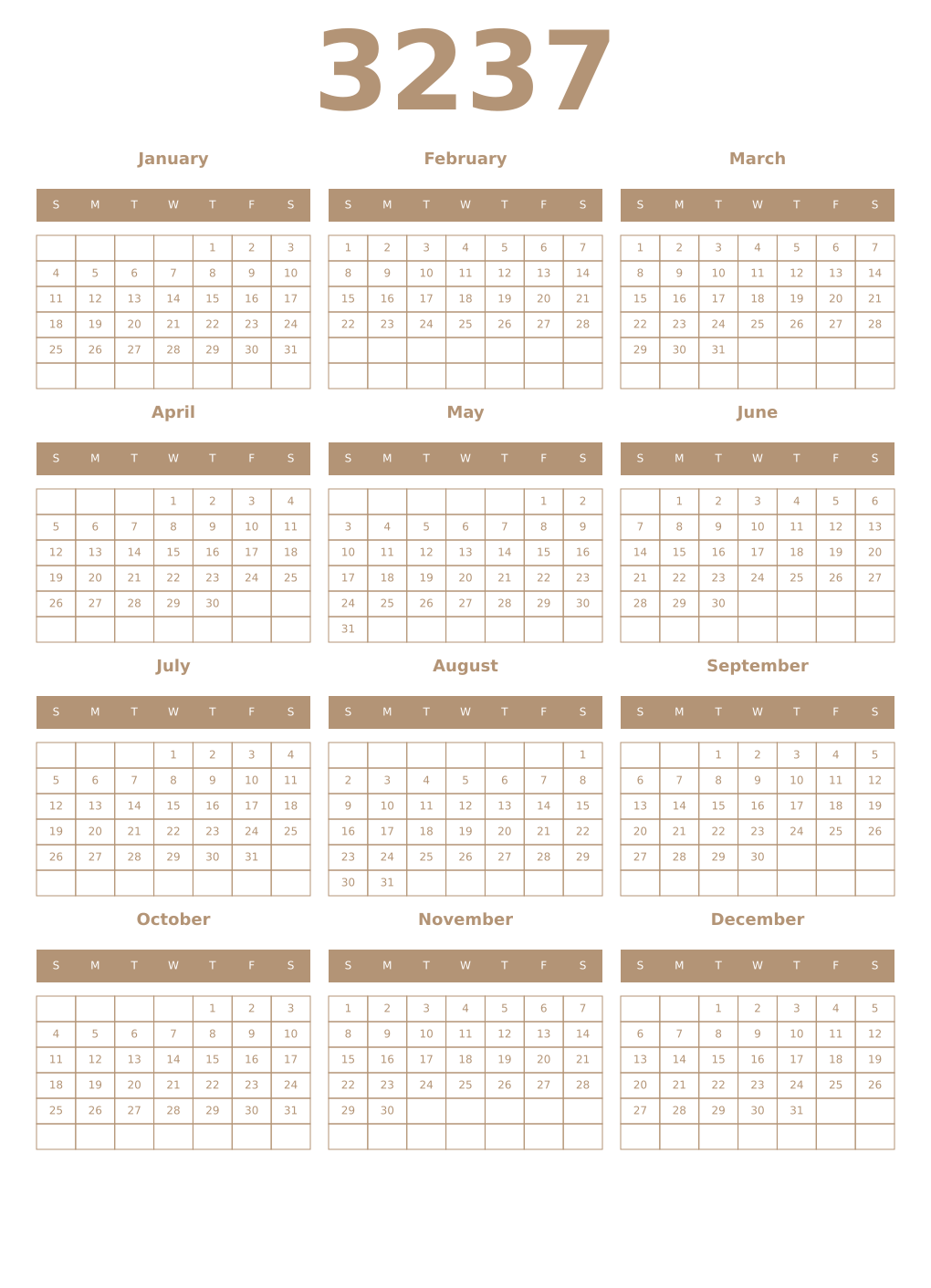 Printable 3237 Year Calendars isabelline