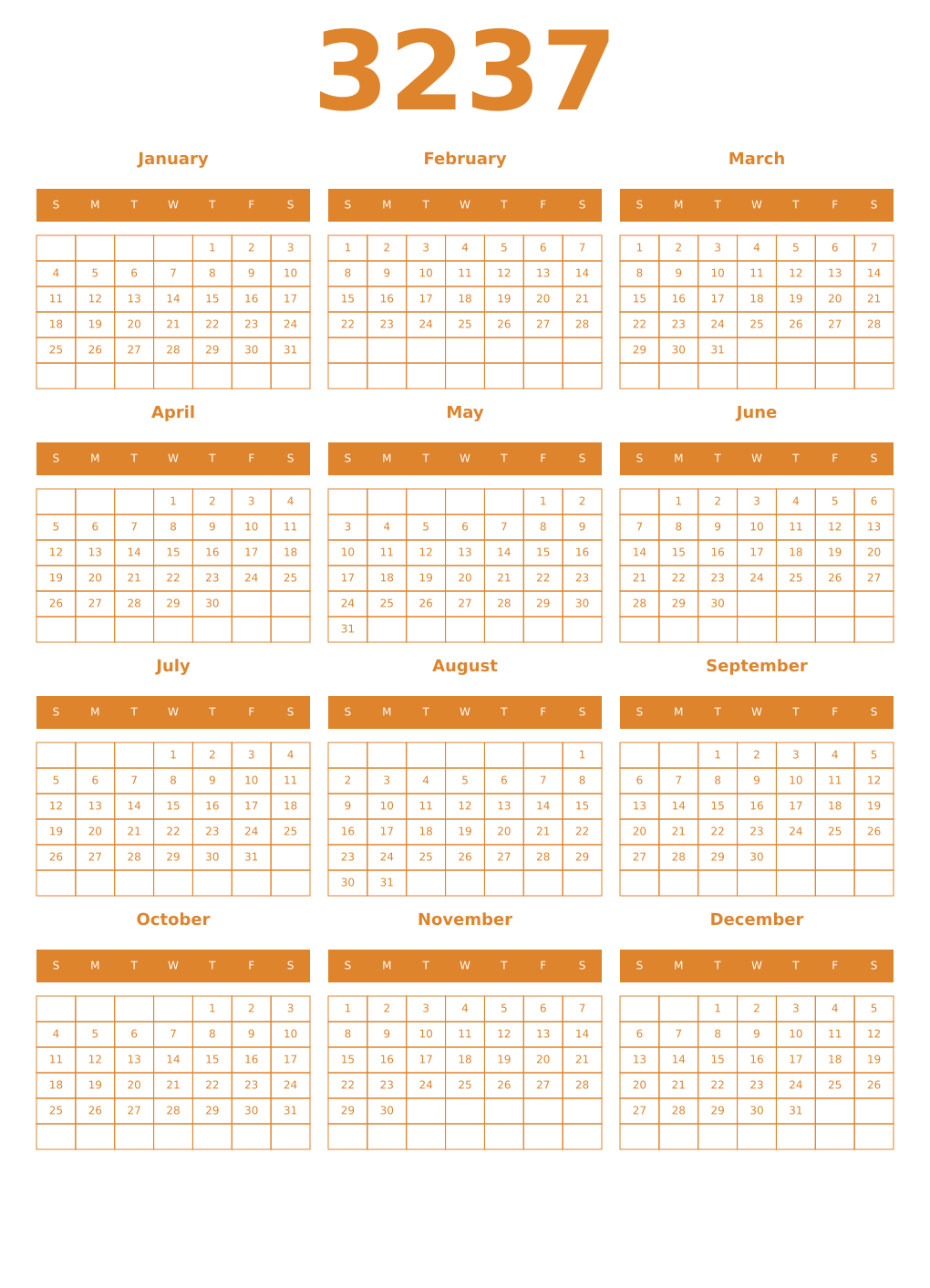 Printable 3237 Year Calendars orange