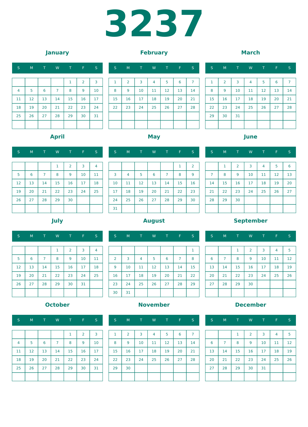 Printable 3237 Year Calendars pastel