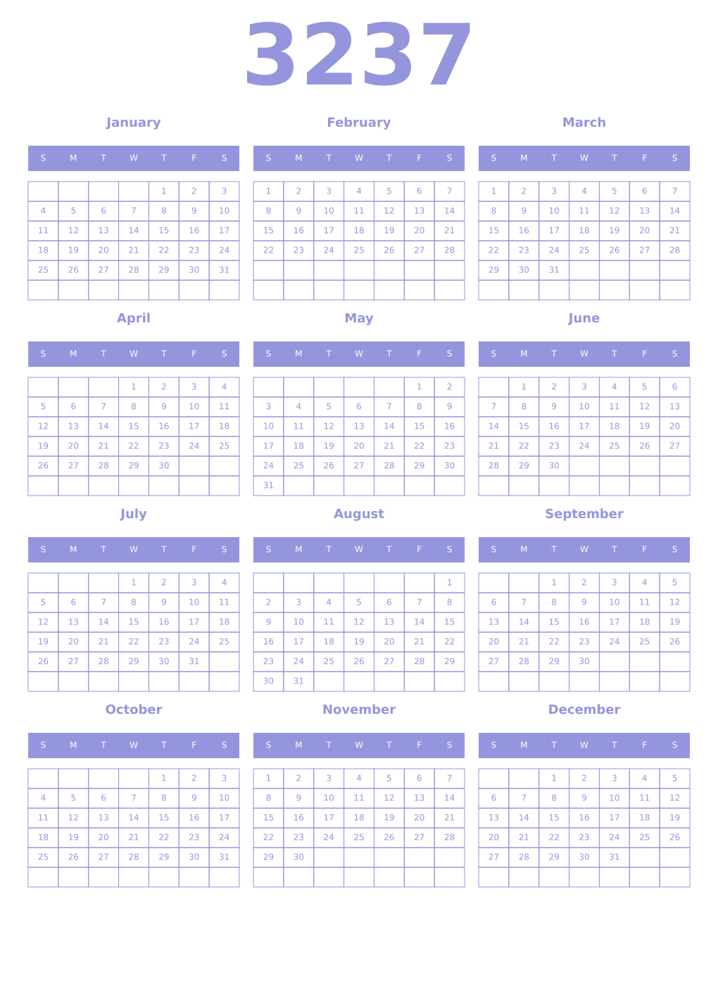 Printable 3237 Year Calendars periwinkle