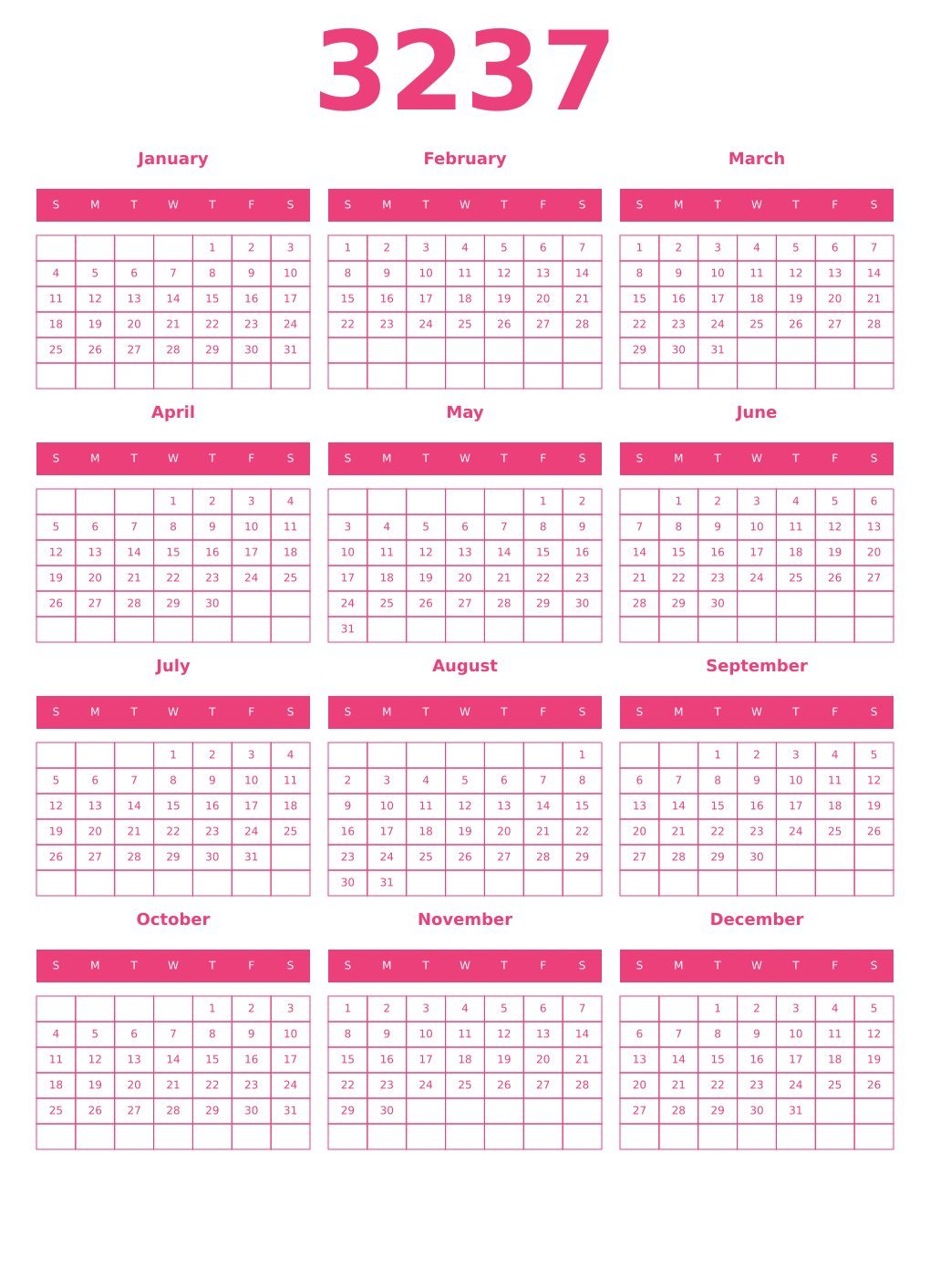 Printable 3237 Year Calendars pink