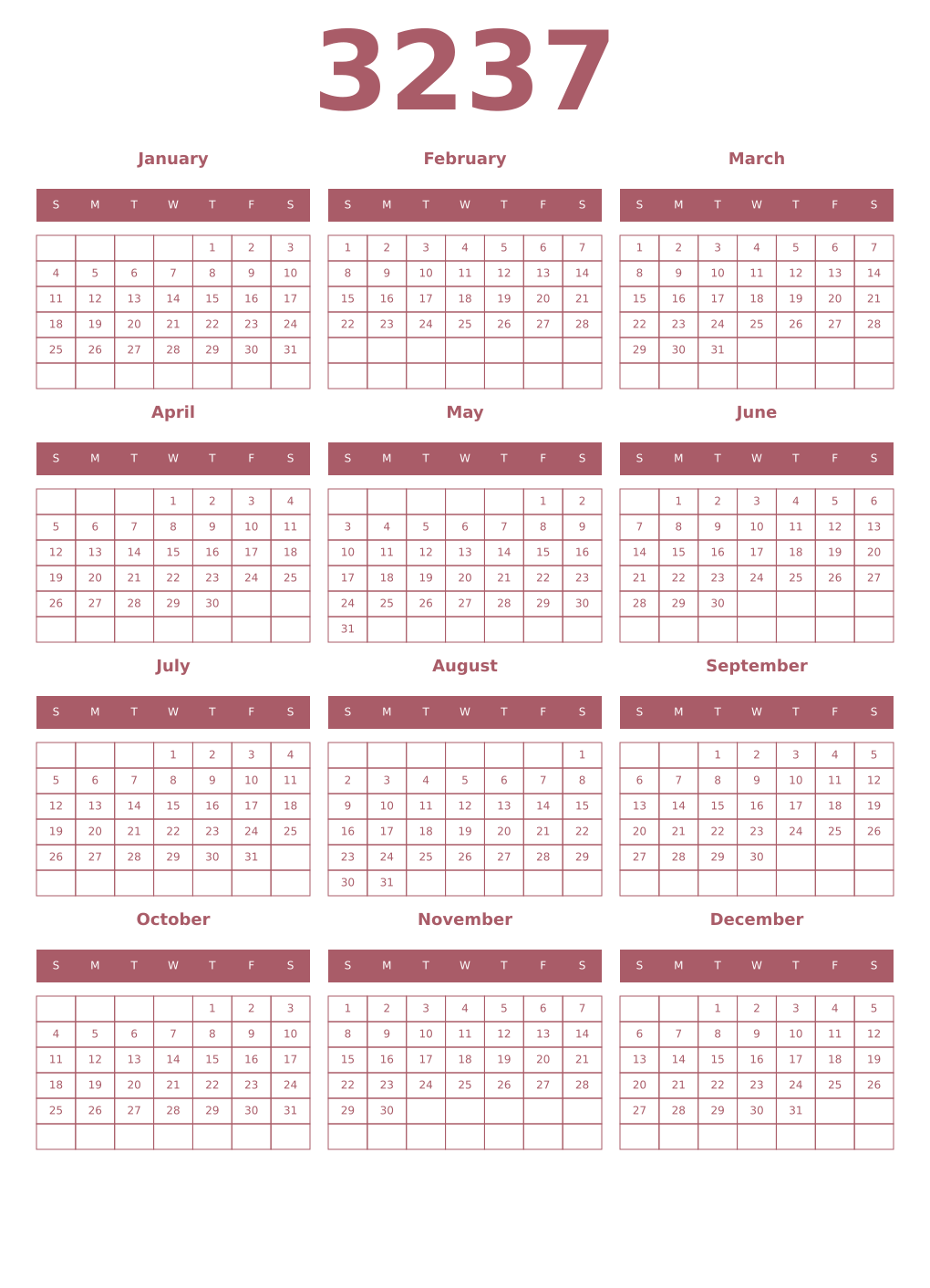 Printable 3237 Year Calendars puce