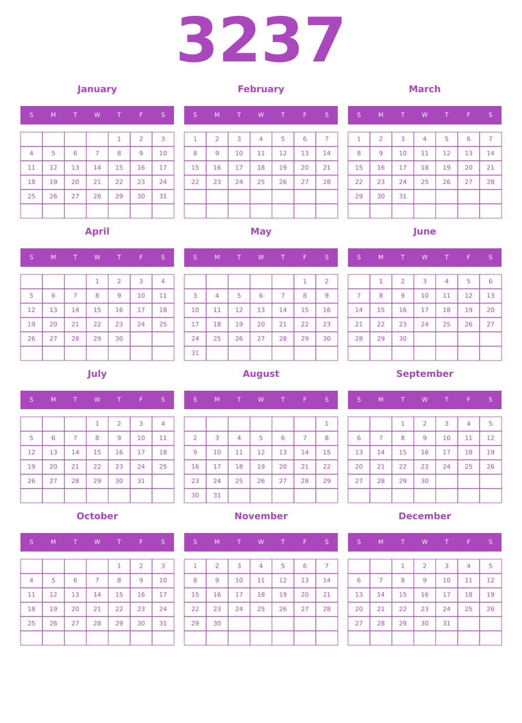 Printable 3237 Year Calendars purple