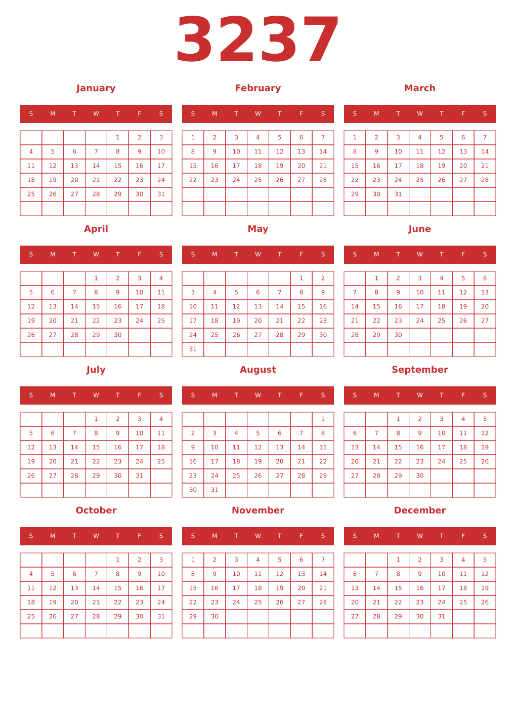 Printable 3237 Year Calendars red