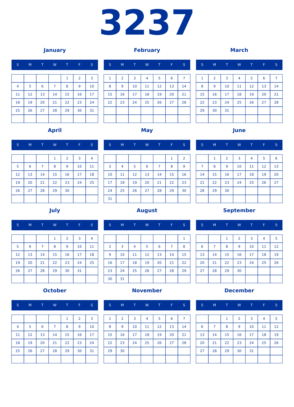 Printable 3237 Year Calendars smalt
