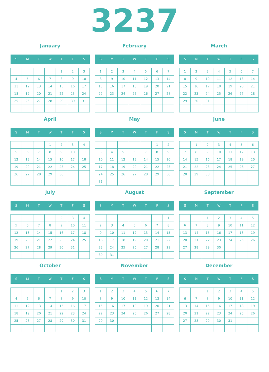 Printable 3237 Year Calendars verdigris