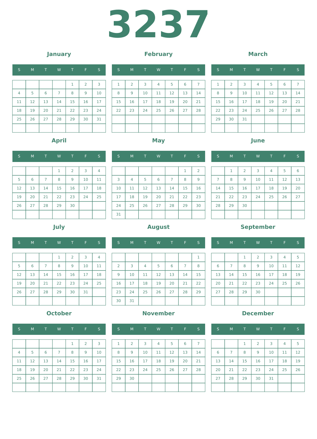 Printable 3237 Year Calendars viridian