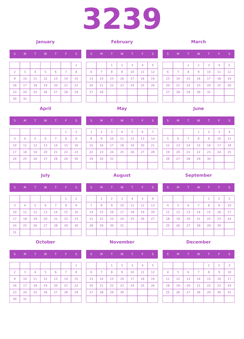 Printable 3239 Year Calendars purple