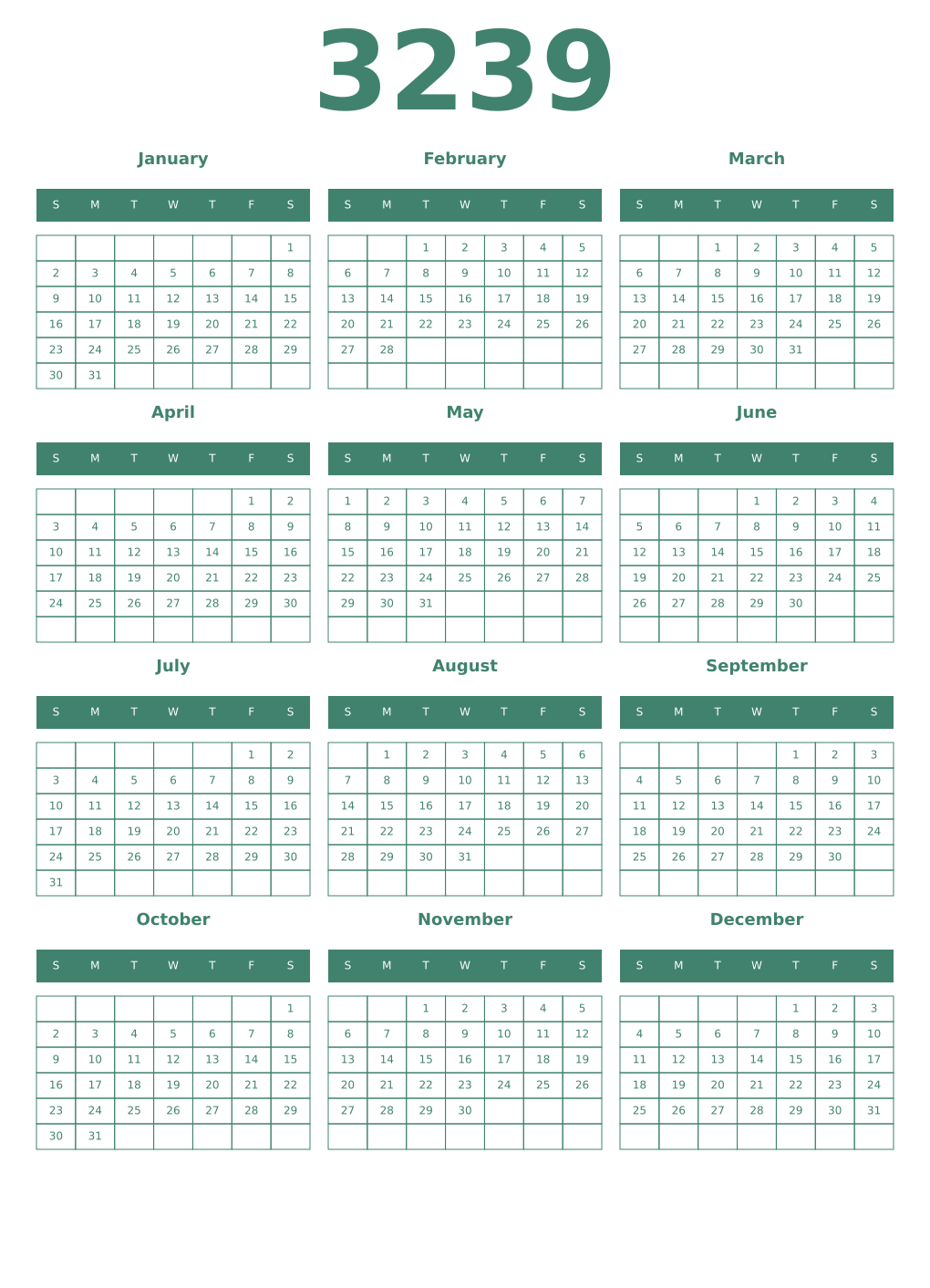 Printable 3239 Year Calendars viridian
