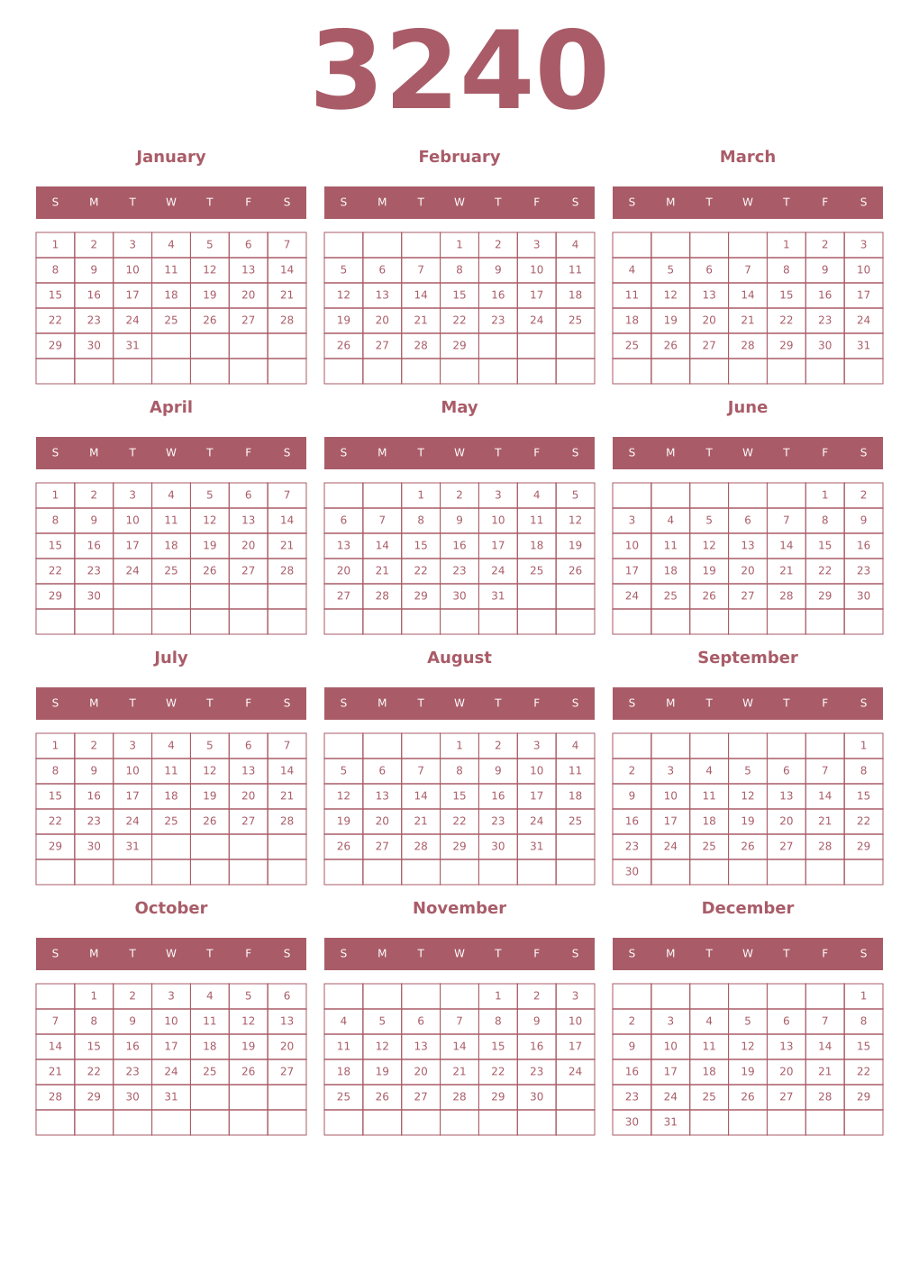 Printable 3240 Year Calendars puce
