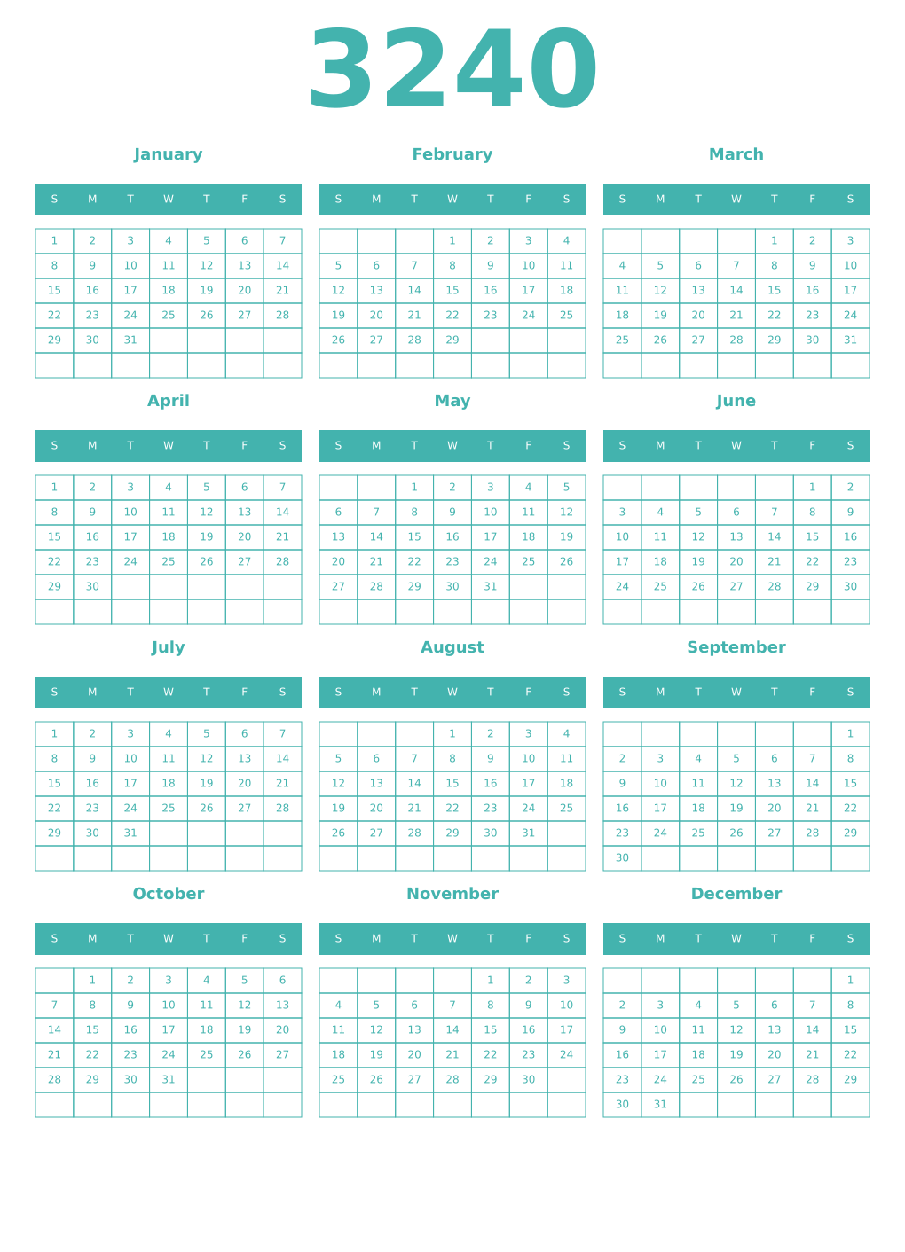 Printable 3240 Year Calendars verdigris