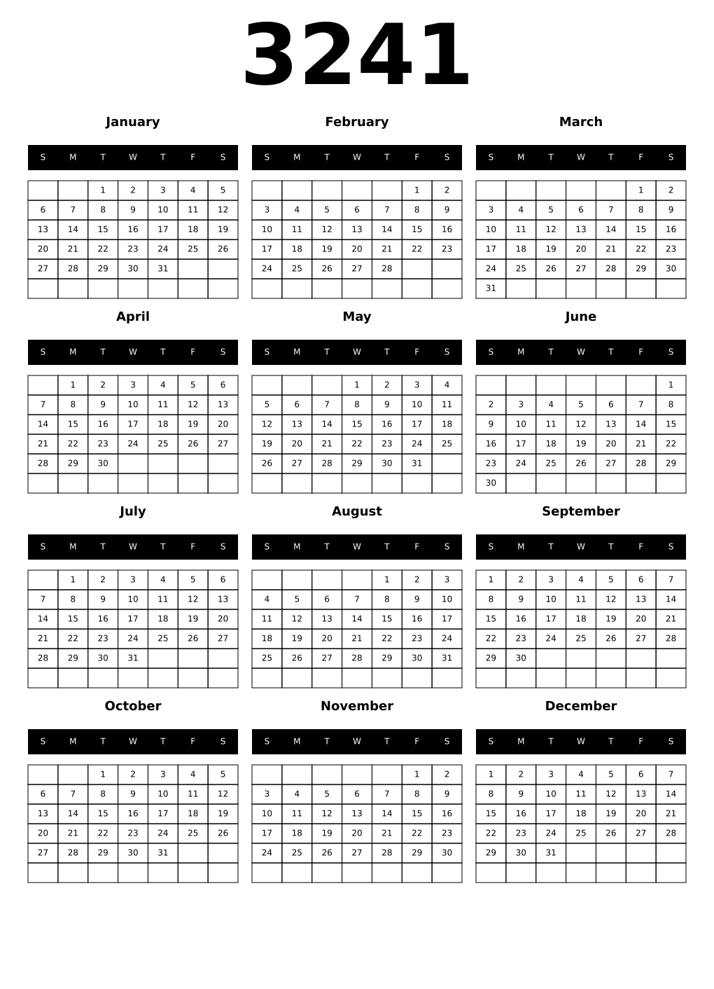 Printable 3241 Year Calendars black
