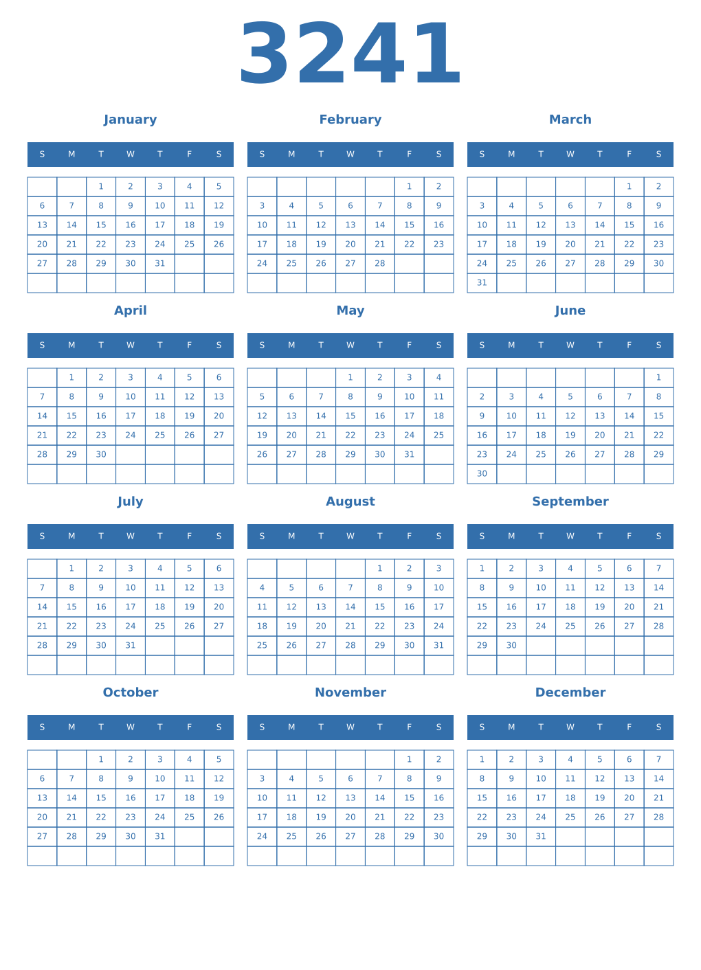 Printable 3241 Year Calendars blue