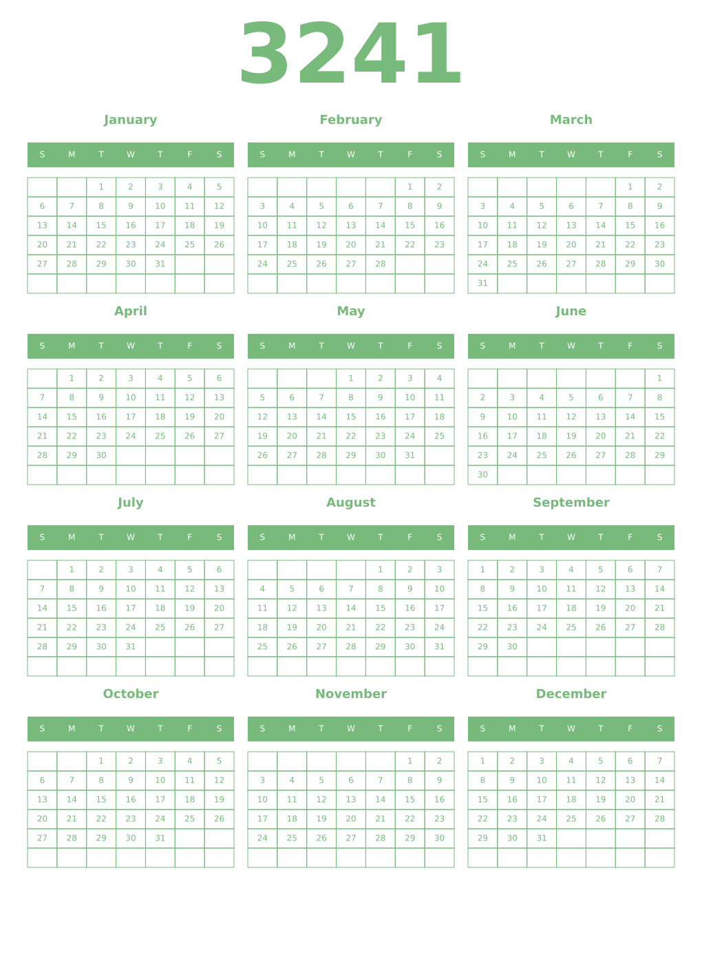 Printable 3241 Year Calendars celadon