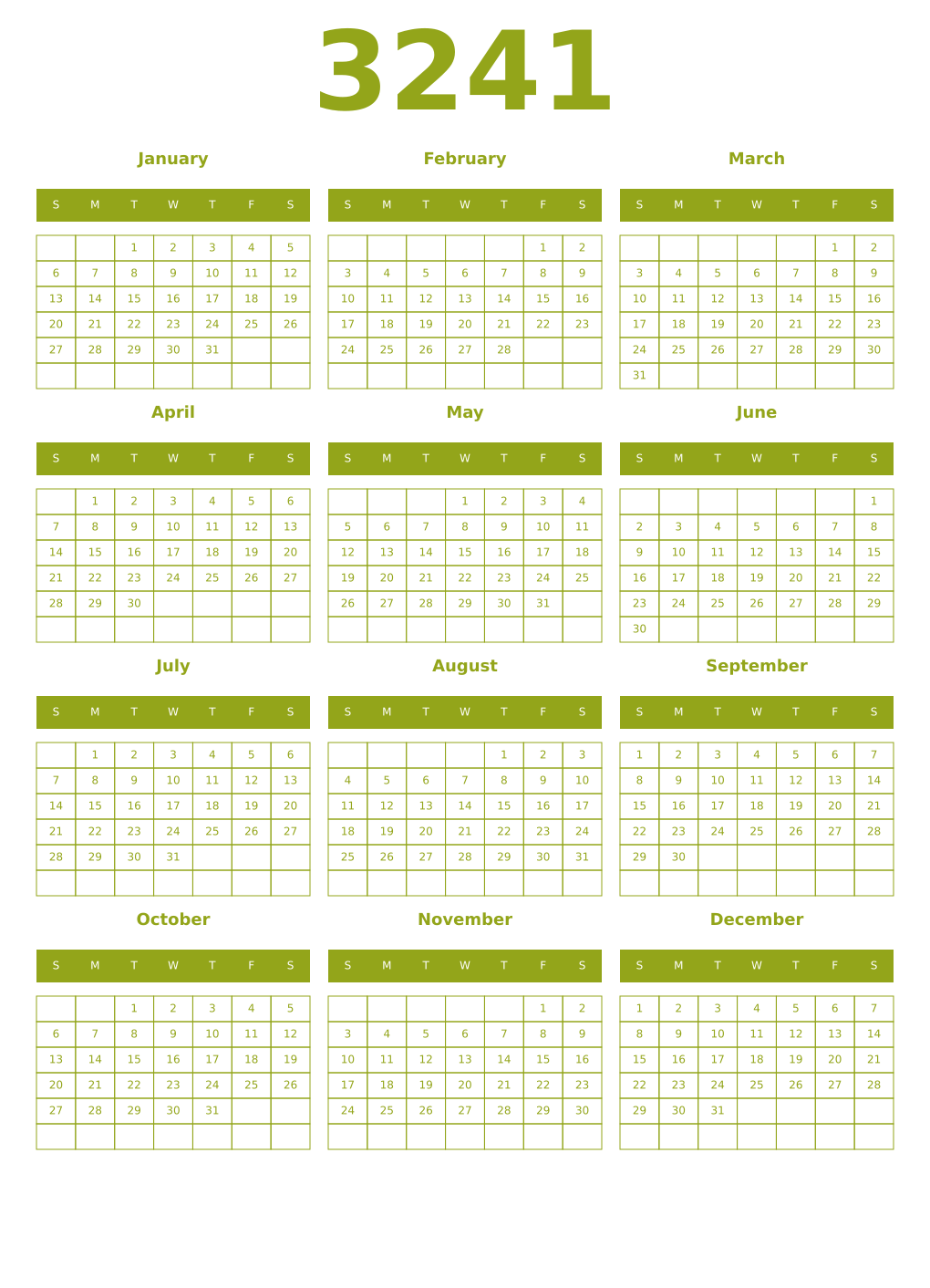 Printable 3241 Year Calendars chartreuse