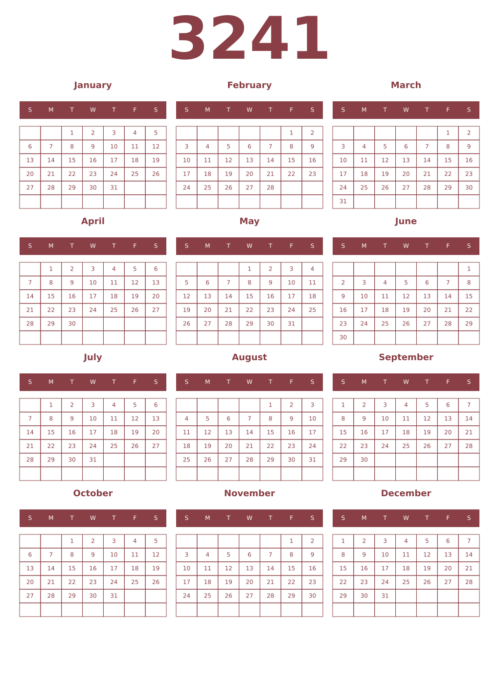 Printable 3241 Year Calendars cordovan